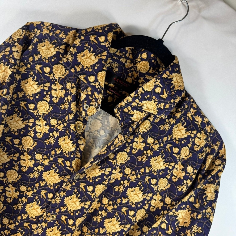 Axxess Mens 2XL Navy Blue Gold Floral Chain Print Cotton Button Down Shirt LS